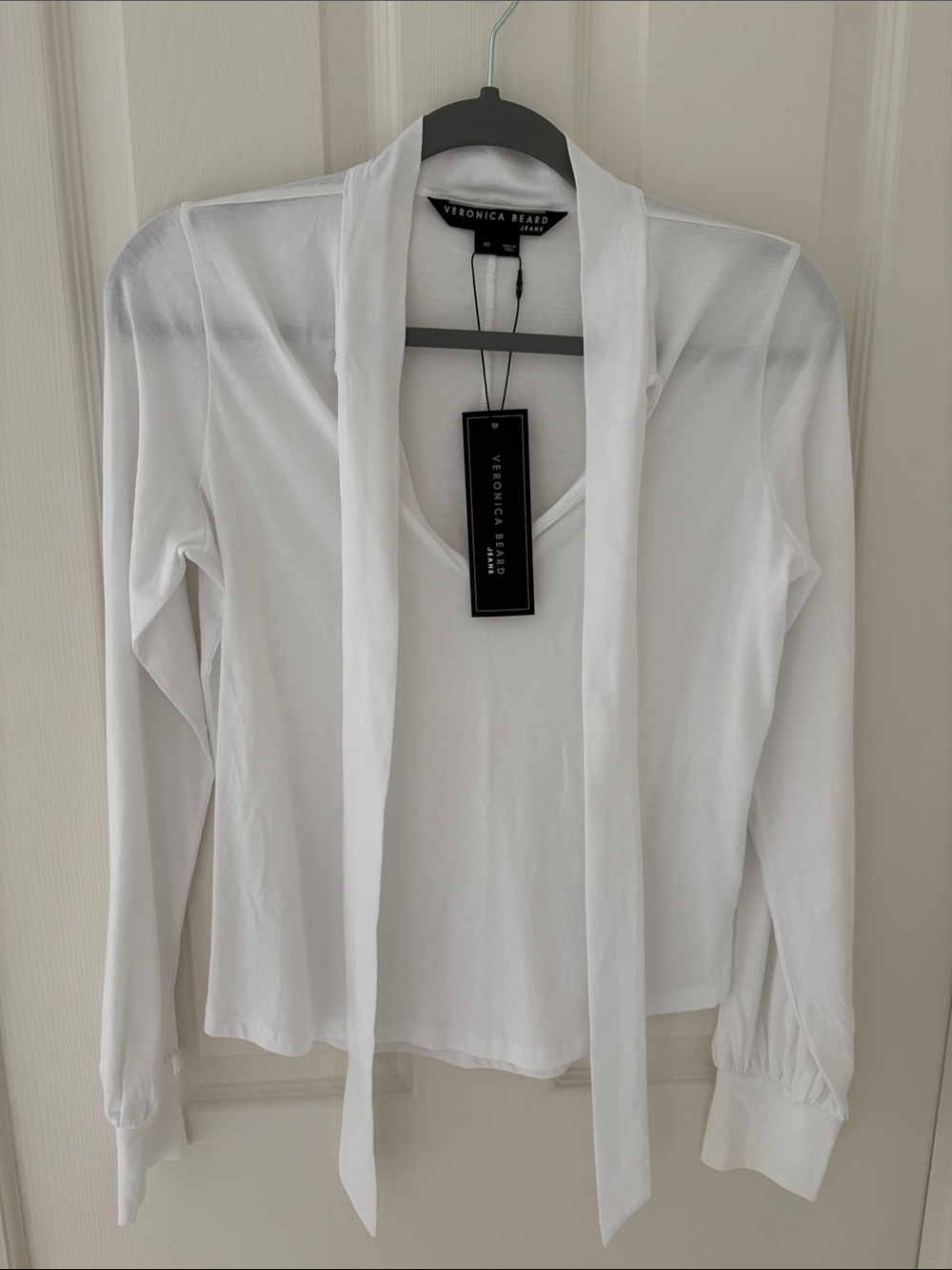 Veronica Beard White Long-Sleeve Tie-Neck Blouse